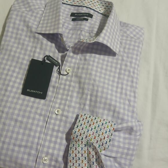 NWT Bugatchi XL men's Shaped Fit lavender check 100% cotton flip cuff long-slv - Picture 8 of 16